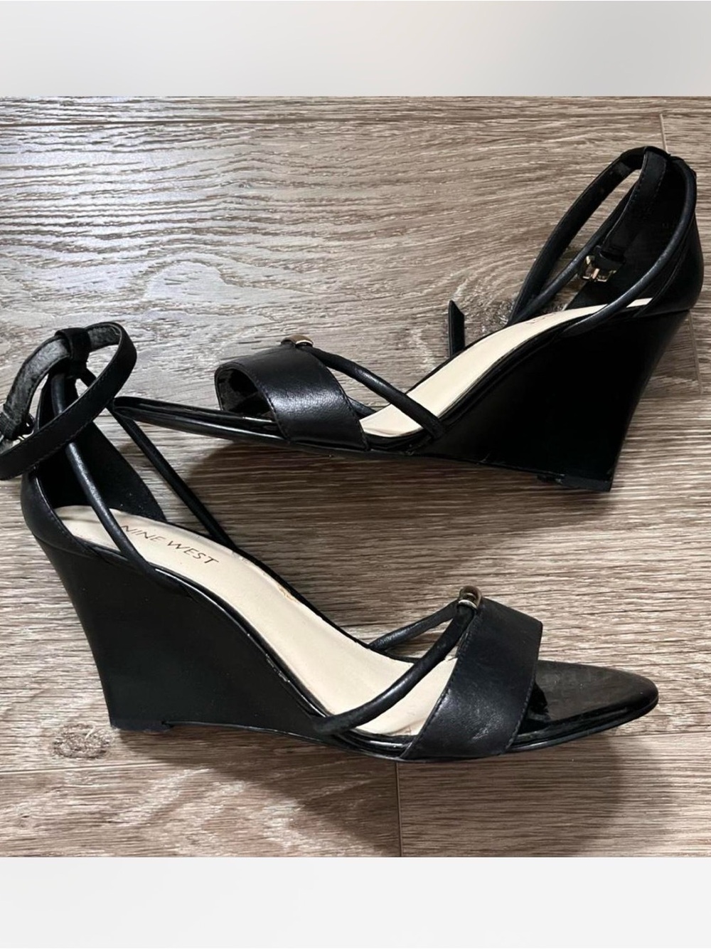 Nine West Black Strappy Wedge Heels with Ankle Wrap